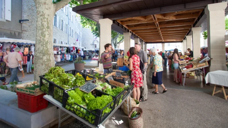 Des clients circulent entre des étals de légumes et d’autres produits dans un marché couvert.